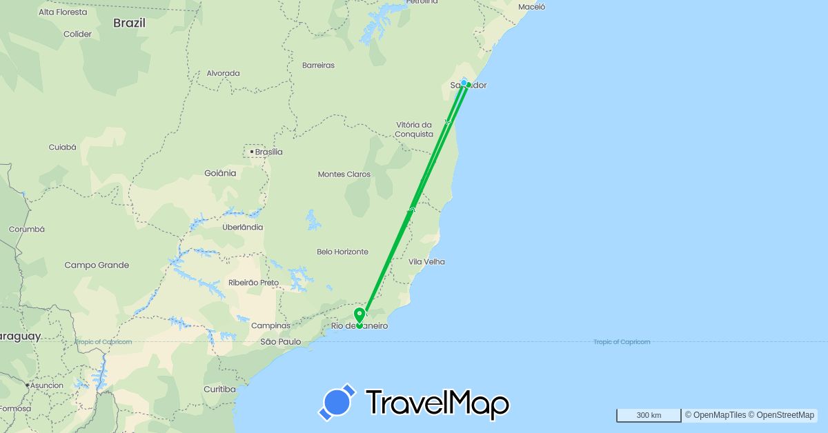 TravelMap itinerary: bus, plane, boat in Brazil (South America)