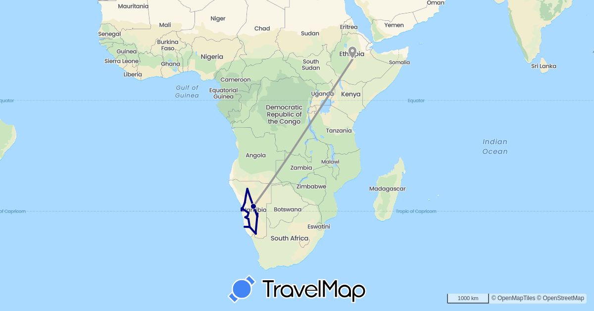 TravelMap itinerary: driving, plane in Ethiopia, Namibia (Africa)