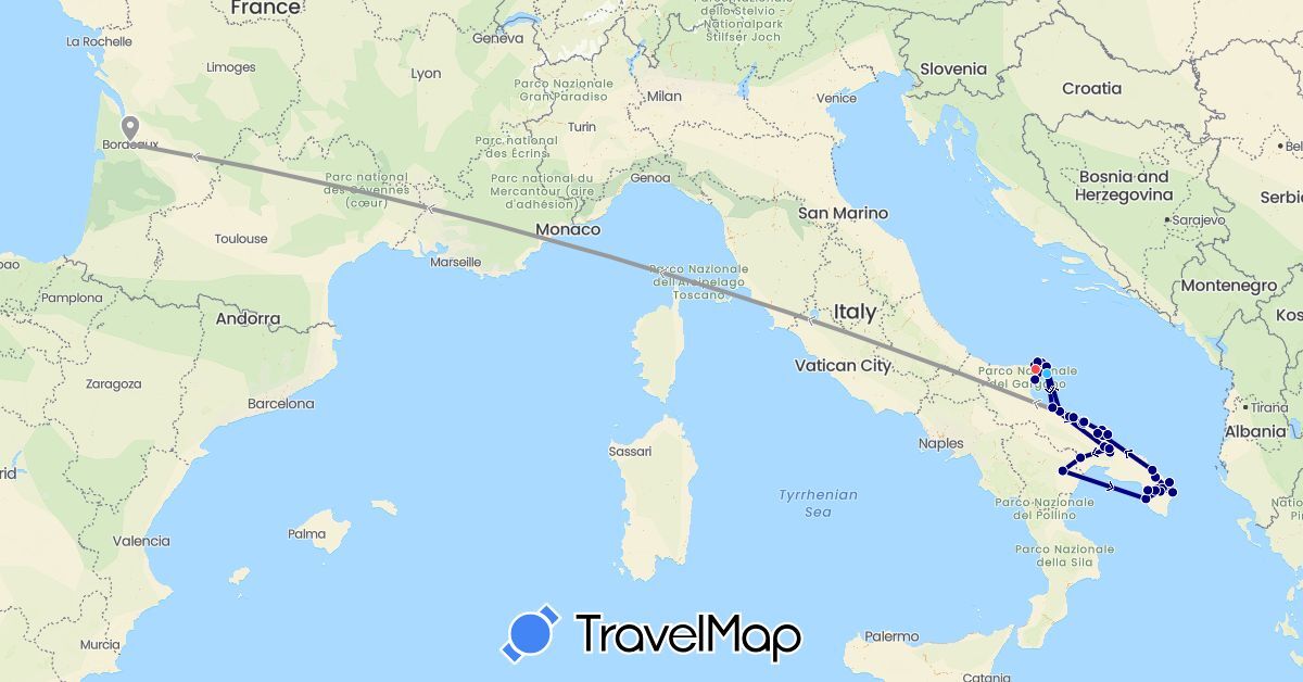 TravelMap itinerary: driving, plane, hiking, boat in France, Italy (Europe)