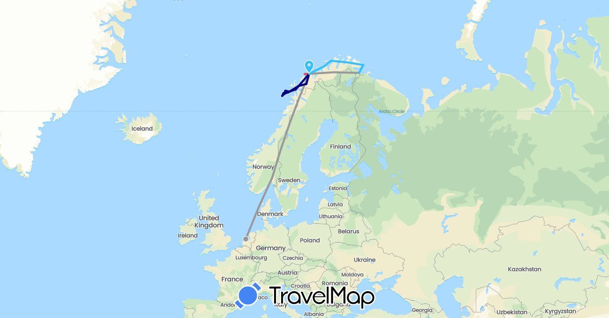 TravelMap itinerary: driving, plane, hiking, boat in Netherlands, Norway (Europe)