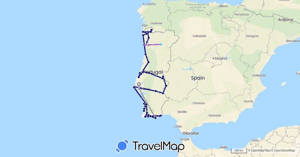 TravelMap itinerary: driving, plane, train, boat in Portugal (Europe)