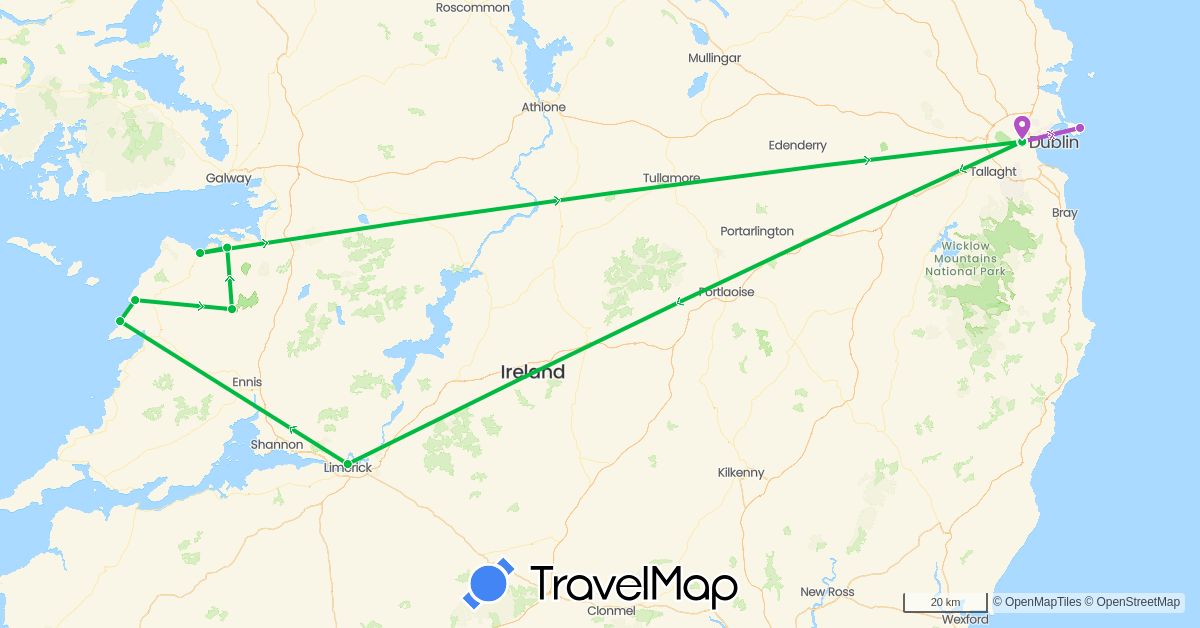 TravelMap itinerary: driving, bus, train in Ireland (Europe)