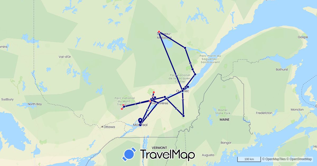 TravelMap itinerary: driving, hiking, boat in Canada (North America)