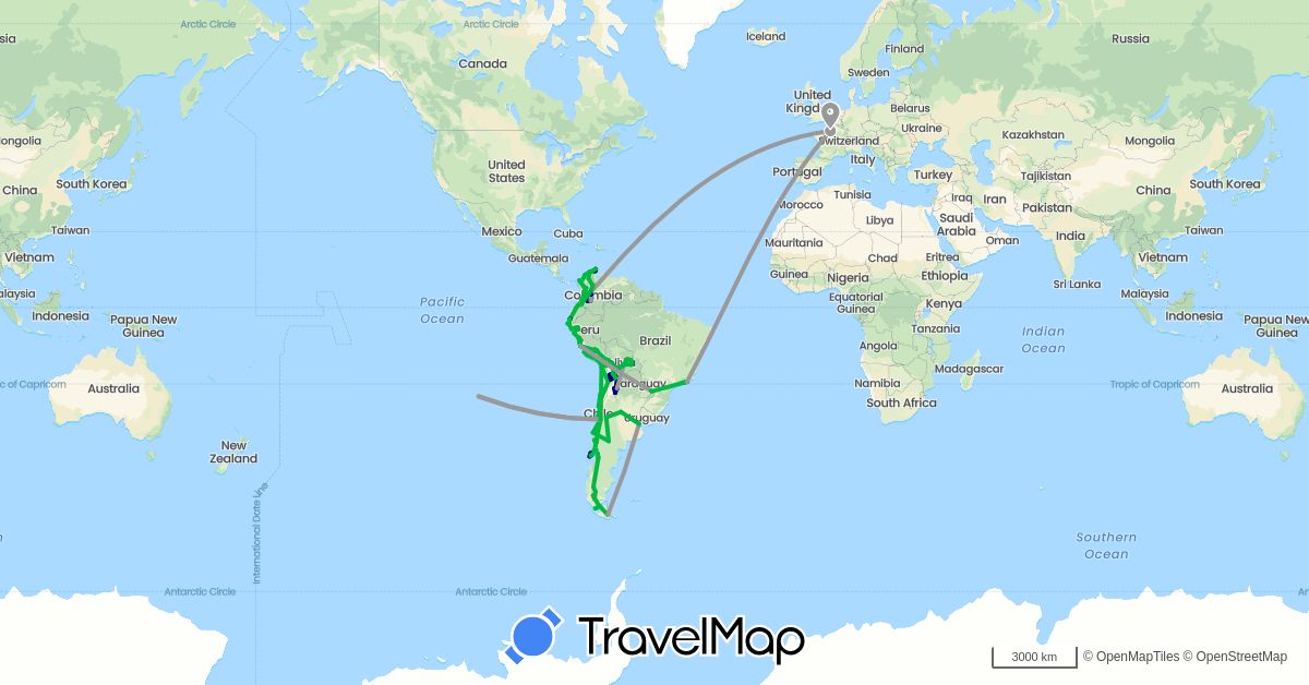TravelMap itinerary: driving, bus, plane, hiking, boat in Argentina, Bolivia, Brazil, Chile, Colombia, Ecuador, France, Panama, Peru (Europe, North America, South America)